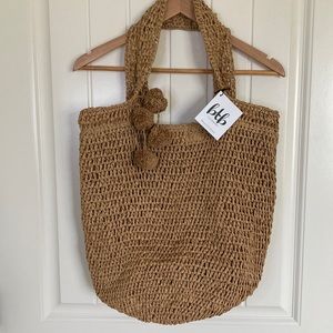 Beyond the Beach Straw Bag Purse Tote Lined Tan Boho Pom Poms NWT